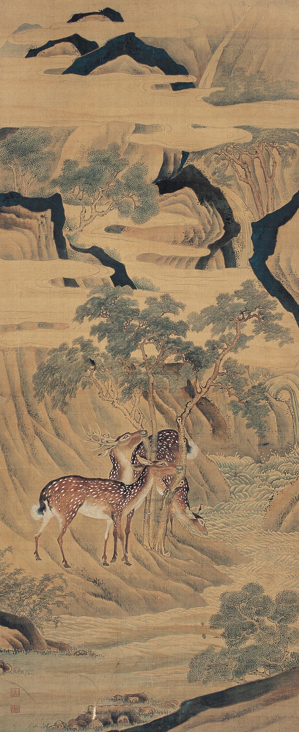Pine Deer Longevity Hanging Scroll