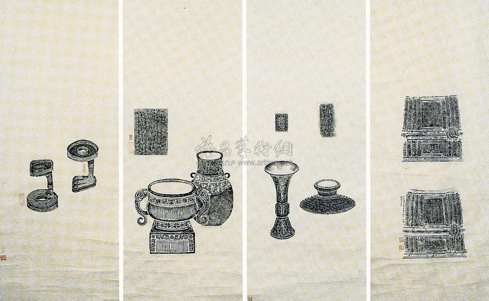 清 青铜器拓片 （四屏）