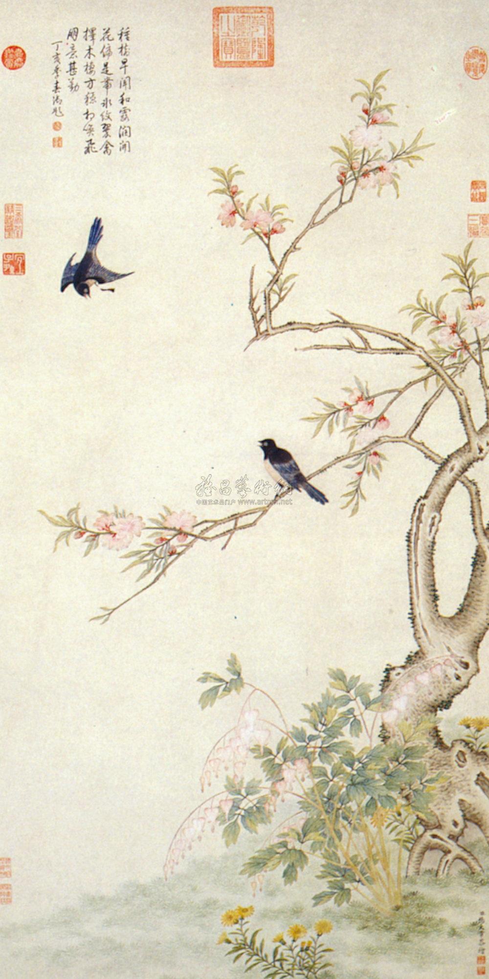 碧桃翠雀 轴