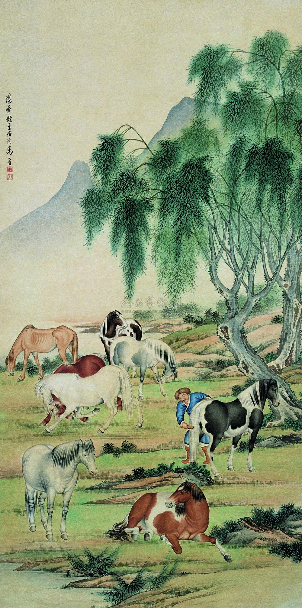 柳阴八骏 立轴