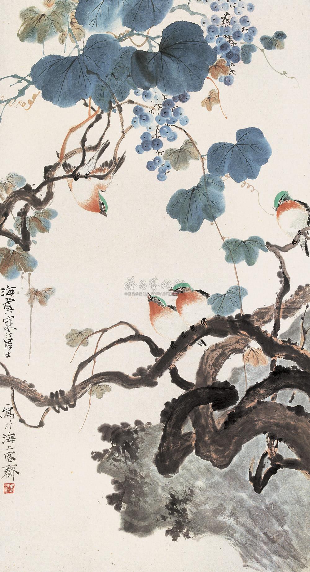 葡园鸣禽 立轴