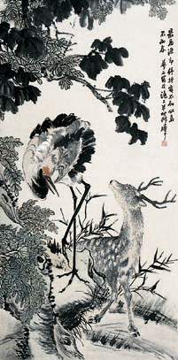 金梦石 鹤鹿同春 立轴