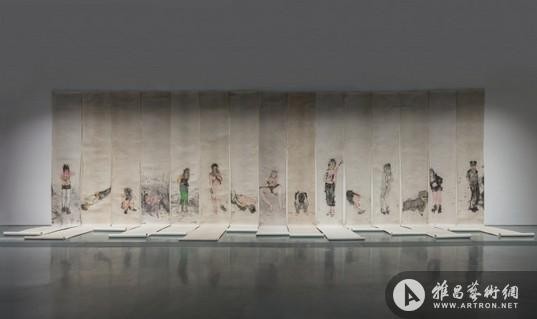 刘庆和 《新发地》组合 2013 纸本设色水墨 750×100cm×15 现场图