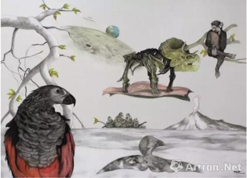 《通灵的鹦鹉看着用手机的猴子》 布画油画 200x150cm  2012年
