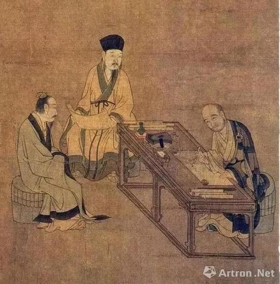 该画为工笔白描，描绘了宋代从磨茶到烹点的具体过程、用具和点茶场面。