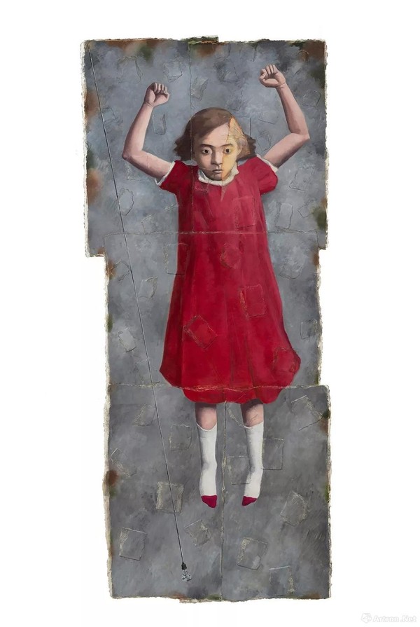 张晓刚，跳跃1号，2018，纸本油画、纸张拼贴，194 x 86 cm © 张晓刚工作室，佩斯画廊供图