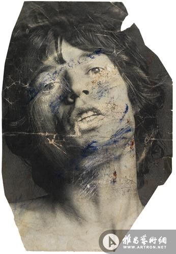 《歌手米克·贾格尔的脸》，油彩、色粉及刮擦，15.5cm x 26cm，1980