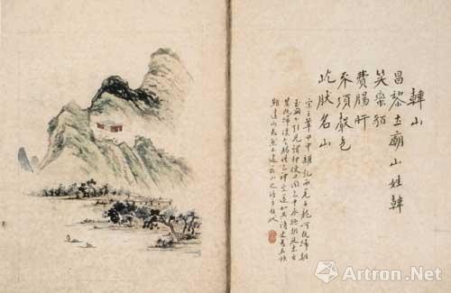 图4、 佃介眉指画《潮州好》之《韩山》，1958年，纸本设色，31.5×23.5厘米