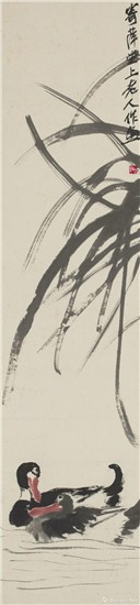 齐白石芦苇双鸭设色纸本立轴 134.5×32cm