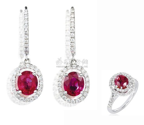 椭圆形红宝石配钻石戒指、耳环套装