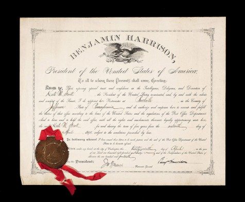 《美国总统》本杰明哈里森（Benjamin Harrison）签署总统令任命布鲁克维尔（Brookwille）为宾夕法尼亚州邮政局长
