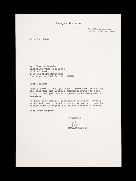 《最受欢迎的美国总统》罗纳德·威尔逊·里根 （Ronald Wilson Reagan）至世纪银行副总裁签名信一件