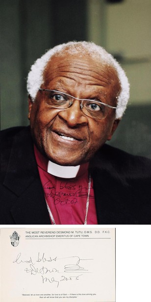 《诺贝尔和平奖》德斯蒙德·图图主教（Tutu，Desmond Mpilo）签名照与题字卡各一件