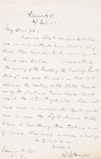 《美国总统》海斯（Rutherford Birchard Hayes）亲笔信一件