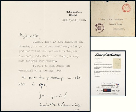 “英国首相”丘吉尔（Winston Churchill）致Kathleen Duncanson女士签名信一件附原封，附证书