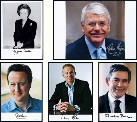“五任英国首相”卡梅伦（David William Donald Cameron），布朗（James Gordon Brown），布莱尔（Tony Blair）（附信件），梅杰（Sir John Major），撒切尔夫人（Margaret Hilda Thatcher）签名照共5件 ，附证书