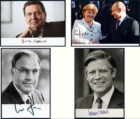 “四任德国总理”默克尔（Angela Dorothea Merkel），施罗德（Gerhard Fritz Kurt Schroder），科尔（Helmut Kohl），施密特（Helmut Heinrich Waldemar Schmidt）签名照共4件，附证书