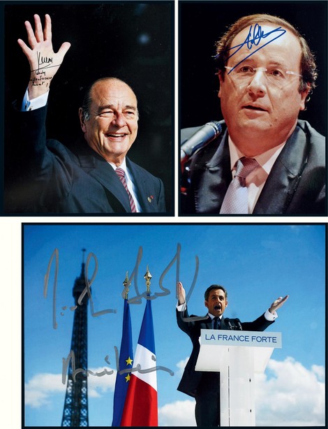 “三任法国总统”奥朗德（Francois Hollande），萨科齐（Nicolas Sarkozy），希拉克（Jacques René Chirac）签名照一组共3件，附证书