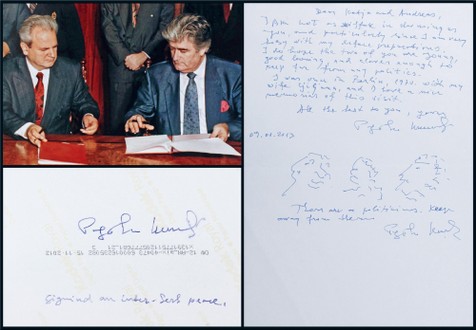 “第52任委内瑞拉总统”查韦斯（Hugo Rafael Chávez Frías）及“塞族共和国第一任总统”卡拉季奇（Radovan Karadzic）签名照各一张，附卡拉季奇2013年寄自海牙监狱签名信复印件一张，附证书