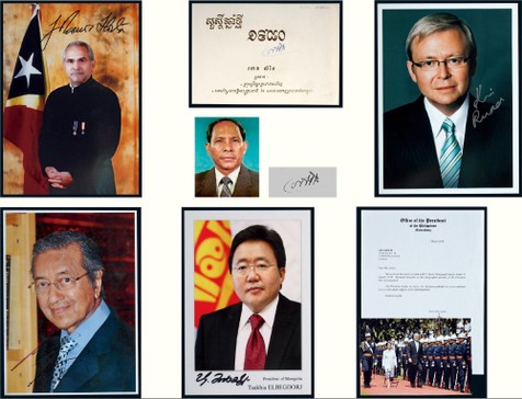 “马来西亚总理”马哈蒂尔（Datuk Seri Mahathir Bin Mohamad）签名照、“菲律宾总统”阿罗约（Gloria Macapagal Arroyo）签名照（附总统府信件）、“澳大利亚前总理”陆克文（Kevin•Michael•Rudd）签名照、“柬埔寨人民革命党总书记”韩桑林（Heng Samrin）签名贺年卡、“东帝汶总统”奥尔塔（José Manuel Ramos-Horta）签名照、“蒙古总统”额勒贝格道尔吉（Tsakhiagiin Elbegdorj）签名照一组共6件，附证书