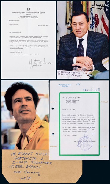 “利比亚前总统”卡扎菲（Omar Mouammer al Gaddafi）签名照附办公室回信及信封及“埃及前总统”穆巴拉克（Muhammed Hosni Mubarak）签名照附使馆回信，附证书