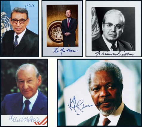 “五任联合国秘书长”潘基文（Ban Ki-moon），安南（Kofi Atta Annan），加利（Boutros Boutros-Ghali），德奎利亚尔（Javier Perez de Cuellar），瓦尔德海姆（Kurt Waldheim）签名照共5件，附证书