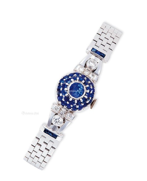 蒂芙尼 14K白金 女款镶钻石、蓝宝石腕表