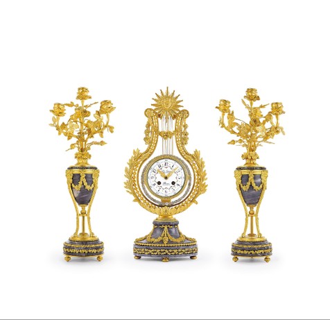 法国 拿破仑三世时期 路易十六风格大理石配烛台竖琴座钟