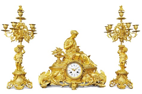 法国 拿破仑三世时期 铜鎏金配烛台座钟
