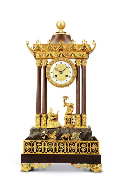 法国 复辟时期 东方风格铜鎏金彩绘亭阁钟
