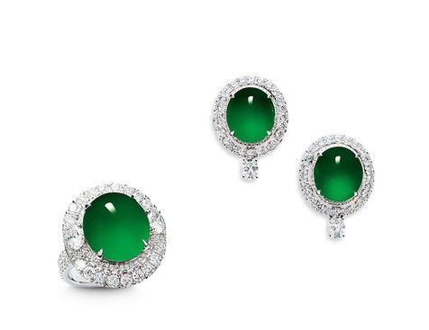 天然冰种满绿翡翠戒指、耳环套装