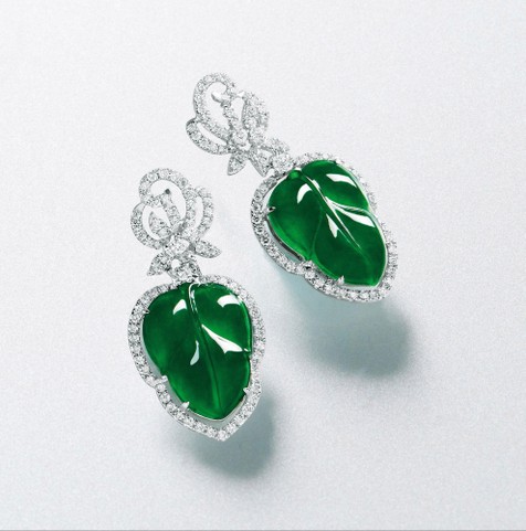 天然玻璃种满绿翡翠叶型耳环