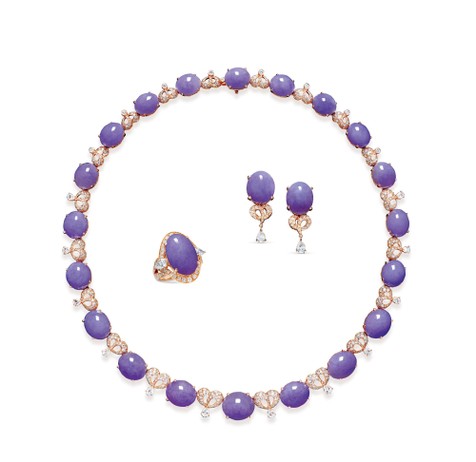 天然紫罗兰翡翠项链、戒指、耳环套装