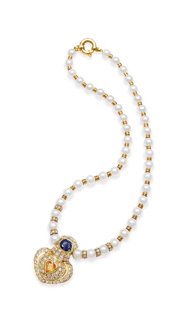 天然海水珍珠镶嵌蓝宝石及钻石项链