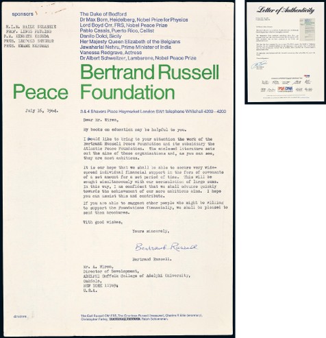 “诺贝尔文学奖得主”伯特兰·罗素（Bertrand Russell）致阿德尔菲大学发展主管A. Wiren先生亲笔签名信
