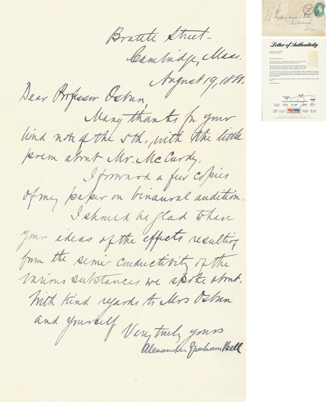 “电话之父”亚历山大·贝尔（Alexander Graham Bell）致OSHEN教授亲笔信