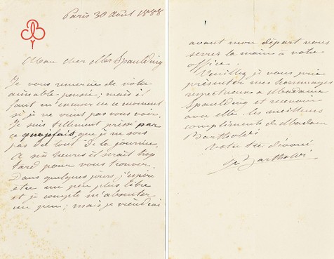 “美国自由女神像作者”弗里德利·奥古斯特·巴特勒迪（Frederic Auguste Bartholdi）致Mr. Spaulding亲笔信