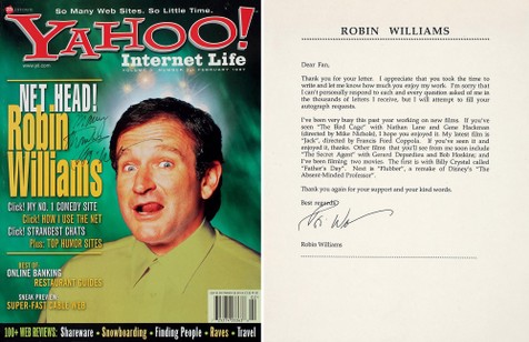 “美国著名喜剧演员”罗宾威廉姆斯（Robin Williams）亲笔签名YAHOO周刊封页及其签名回信