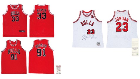 “芝加哥公牛三巨头”迈克尔·乔丹（Michael Jordan）、斯科蒂·皮蓬（Scottie Pippen）、丹尼斯·罗德曼（Dennis Rodman）亲笔签名球衣