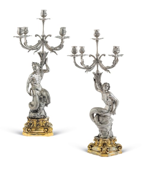 意大利 银质及银鎏金人物雕塑五头烛台