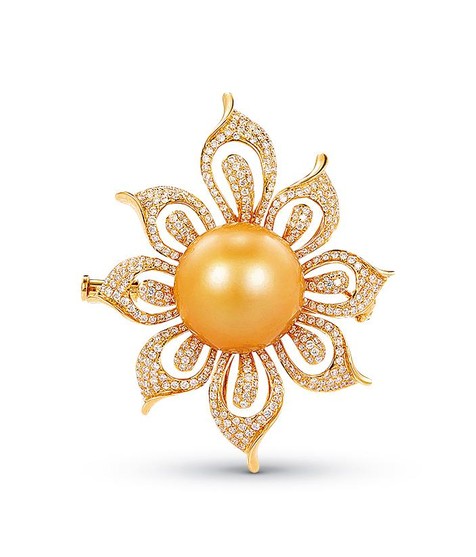 金色南洋珍珠配钻石「花朵」胸针 约13.8mm