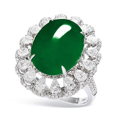 天然冰种满绿翡翠「蛋面」配钻石戒指