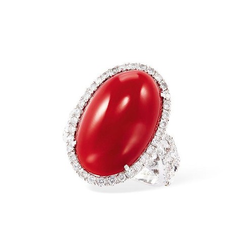 天然AKA红珊瑚「蛋面」配钻石戒指