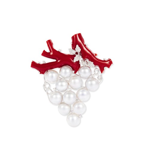 天然AKA赤血红红珊瑚配珍珠及钻石「葡萄」胸针