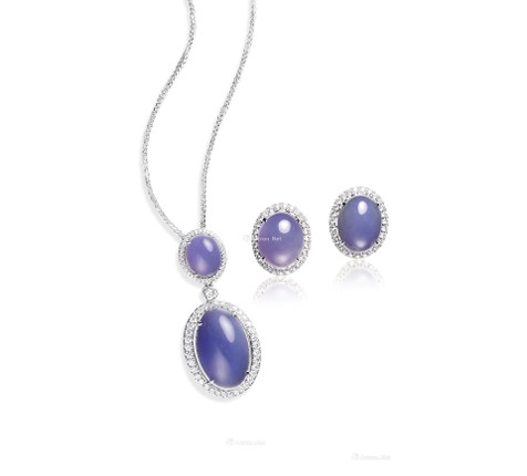 天然紫翡「蛋面」配钻石耳环、吊坠项链套装