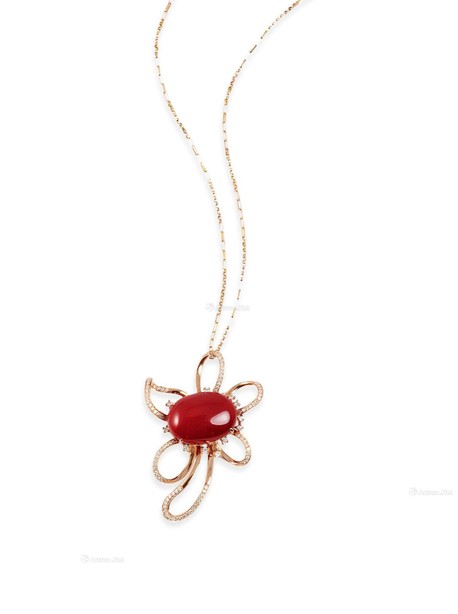 天然AKA牛血红红珊瑚配钻石「花形」吊坠项链