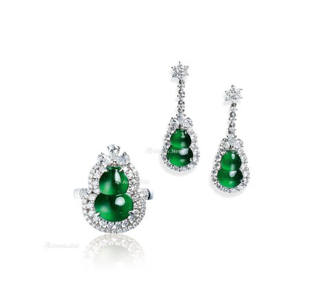 天然老坑玻璃种帝王绿翡翠「葫芦」配钻石耳环及戒指套装（可作吊坠）