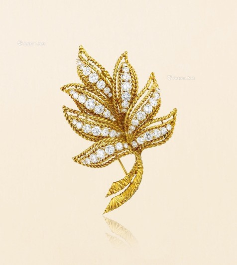 梵克雅宝 Van Cleef & Arpels 18K黄金镶嵌钻石「叶形」古董胸针