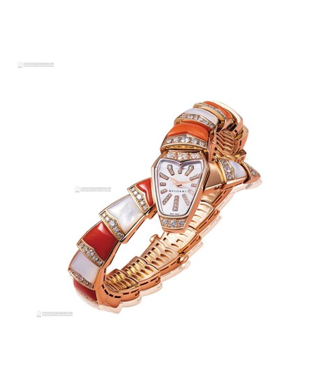 宝格丽 SERPENTI系列 18K玫瑰金女款镶钻、贝母及珐琅蛇型腕表