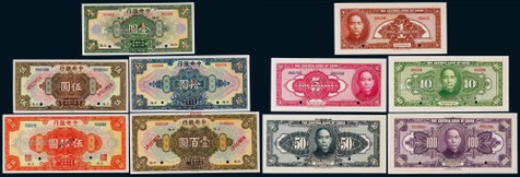 1928年中央银行美钞版壹圆、伍圆、拾圆、伍拾圆、壹百圆上海地名票样各一枚，共五枚